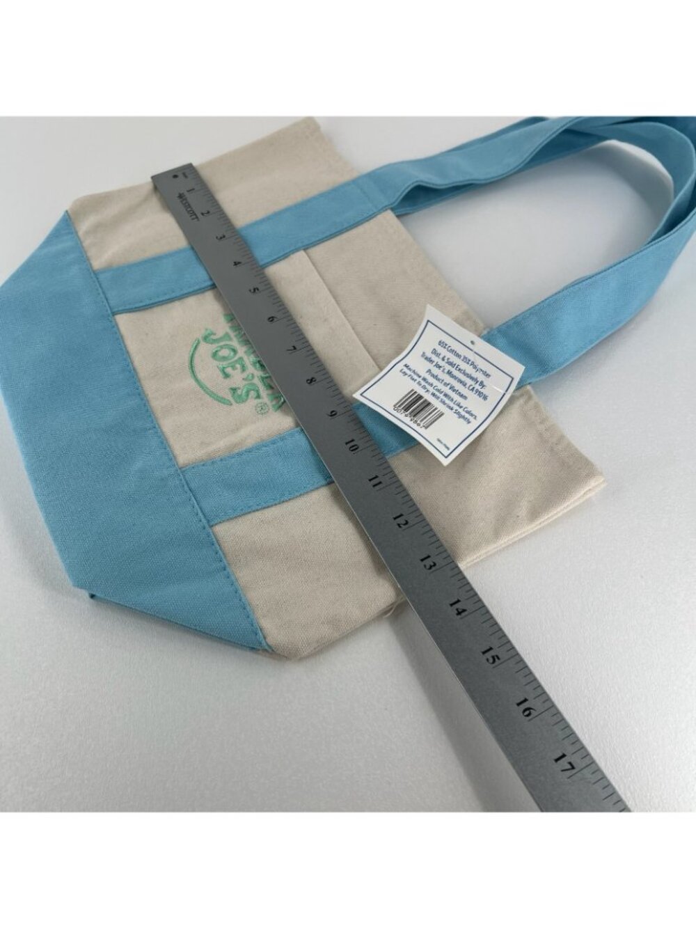 Trader Joes Mini Pastel Canvas Tote Bag Women Grocery Shopper Handbag Blue Beige - Picture 7 of 12